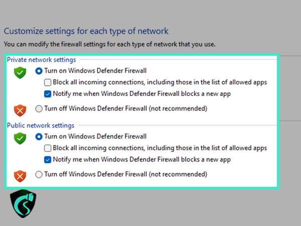 public and private network option for windows defender