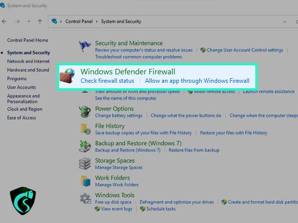 the windows defender firewall option