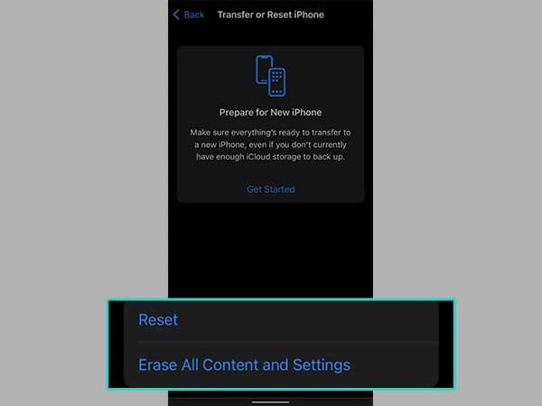 Reset and Erase All Content and Settings Option.
