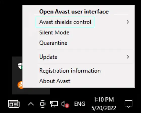Click on Avast Shields Control