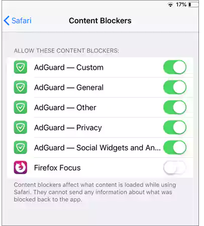 AdGuard content blocker's menu list