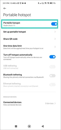 Hotspot connection and sharing settings